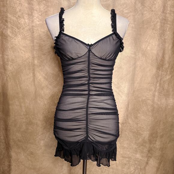 Shirley of Hollywood Sheer Mesh Ruched Bodycon Lingerie Mini Dress Ruffled Sexy - Picture 1 of 9
